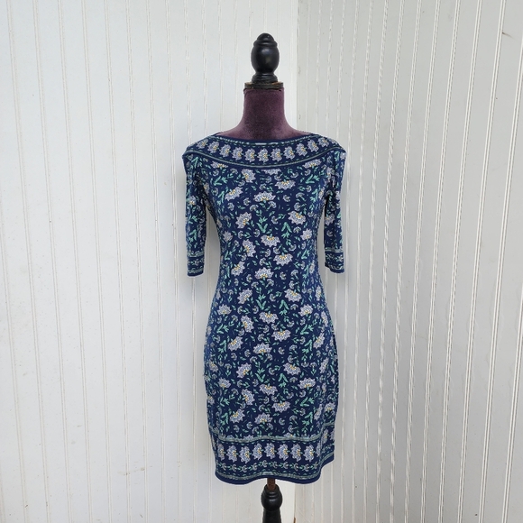 Max Studio Navy Blue Flowers Boat Neck 1/2 Sleeve Stretchy Mid Dress Stretch S - Picture 1 of 11